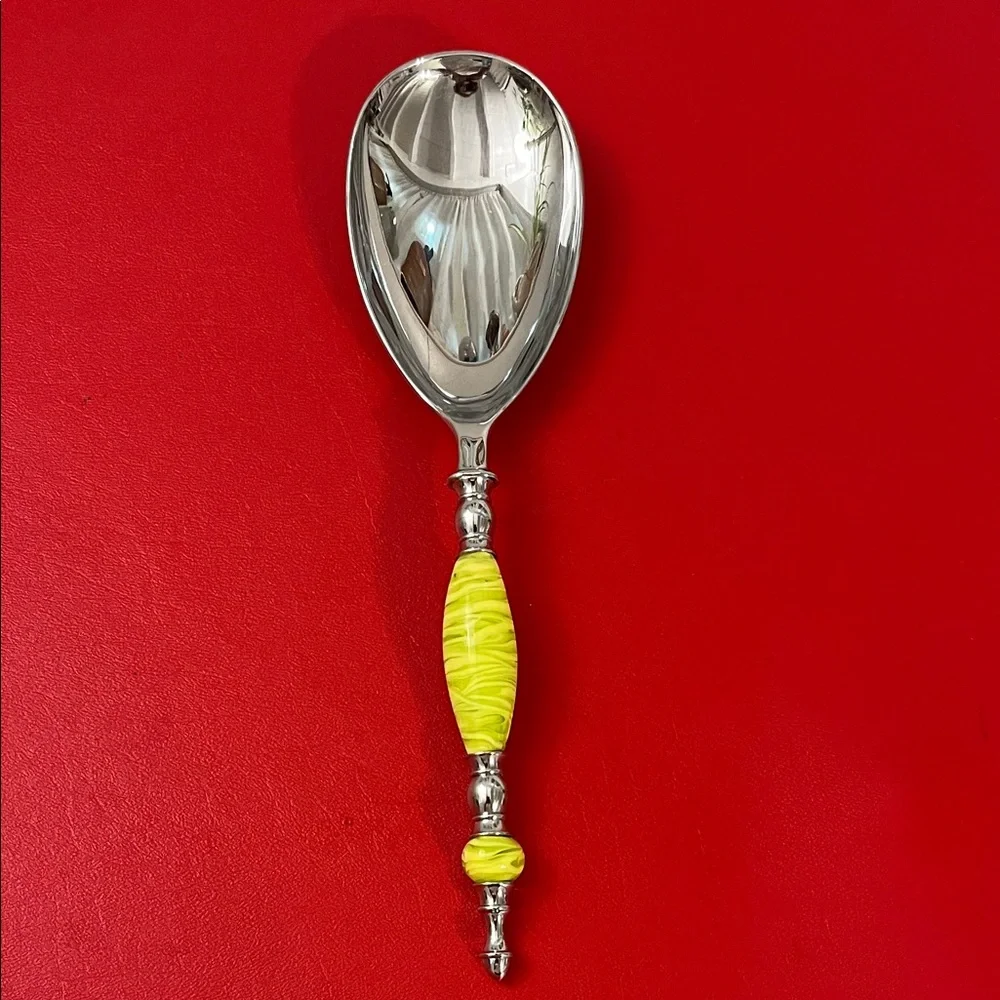 Italian Murano Glass Salad Spoon - yellow green Stripes 10.5”L